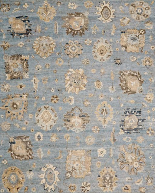 Overhead image of floral Cadiz rug in blue colour