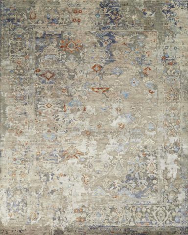 Overhead image of traditional Marseilles rug in beige