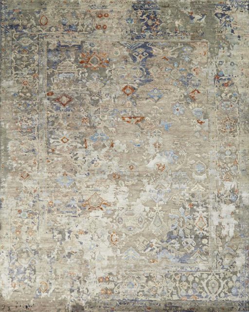 Overhead image of traditional Marseilles rug in beige