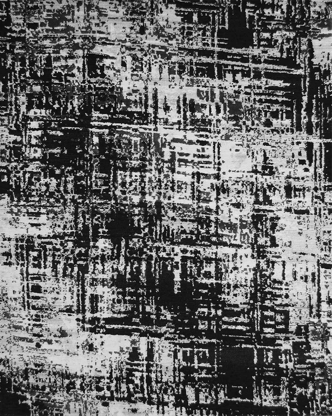 Overhead image of distressed Hatched rug in black colour