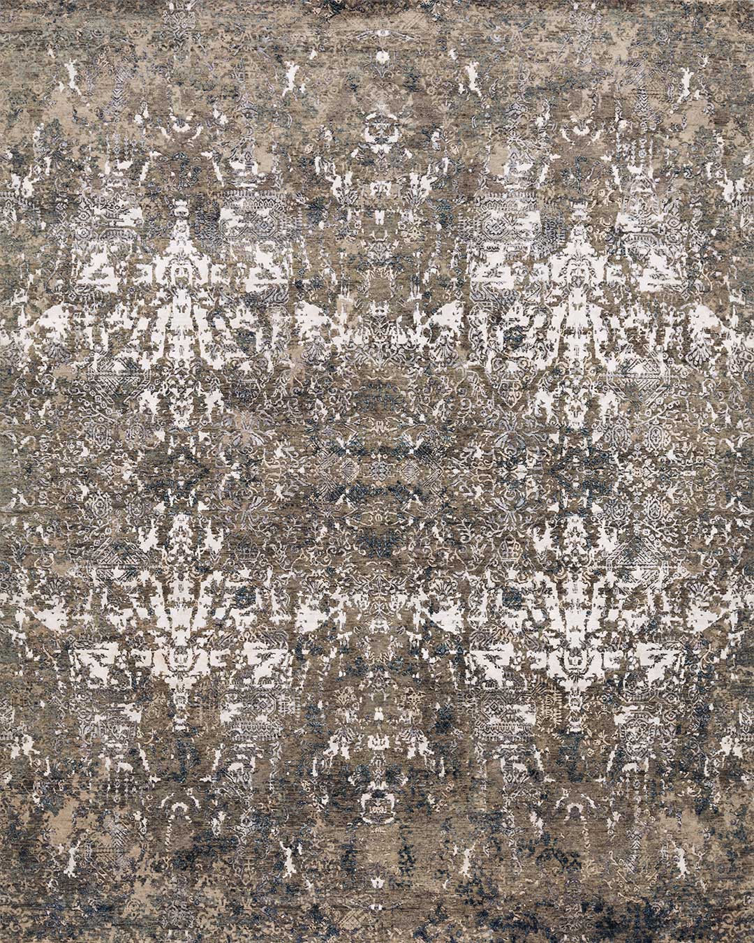 Overhead view of distressed Kismet rug in grey colour