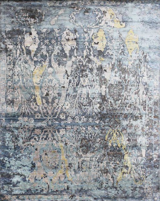 Overhead view of Seville handknot rug in blue and yellow colour