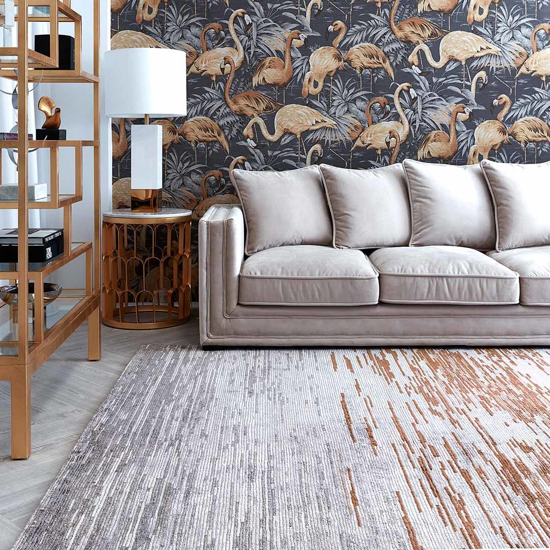 Living room image of distressed Bilby rug in bronze colour