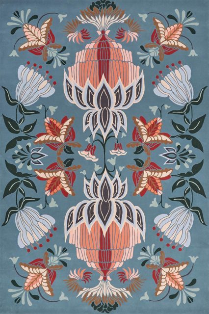 Overhead image of floral Cinnamon Bloom rug by House Of Heras in blue colour