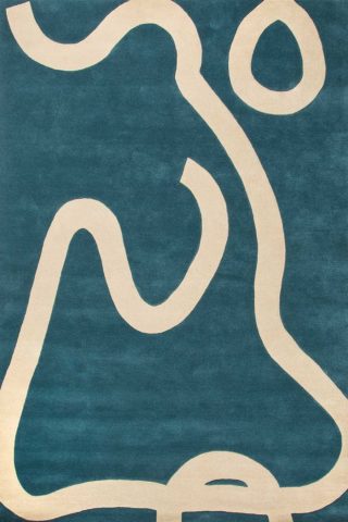 Overhead image of figurative Zanti rug in blue colour