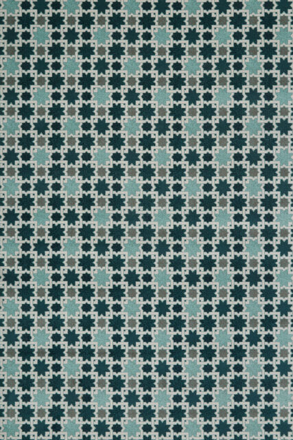 Overhead view of geometric Hammam carpet in blue colour