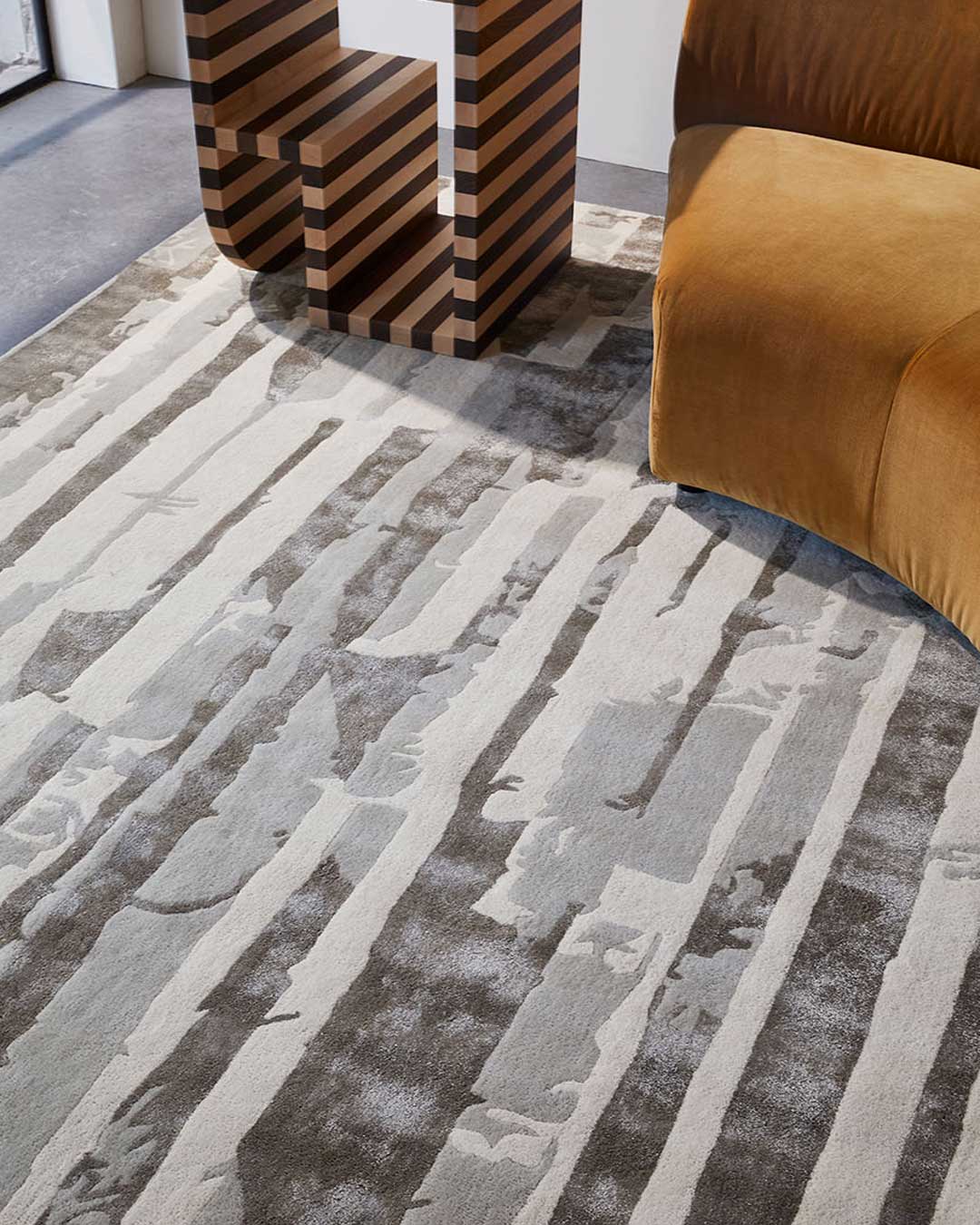 styled image of textural Basalt rug in silver grey colour
