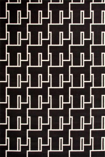 Overhead view of Dianne black and white patterned Axminster carpet by Greg Natale