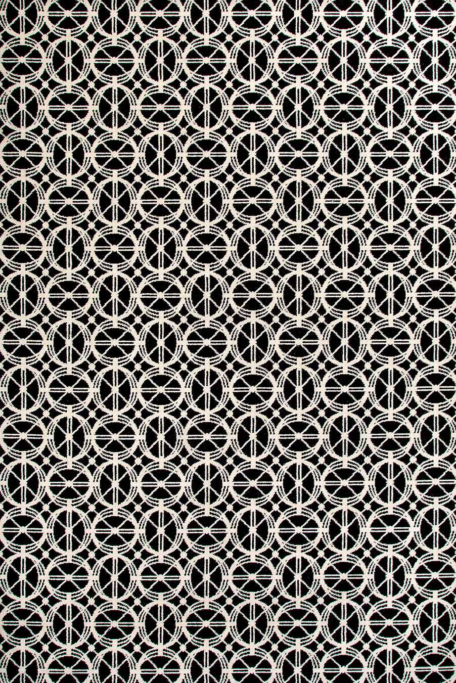 Overhead view of Emilio black and white patterned Axminster carpet by Greg Natale