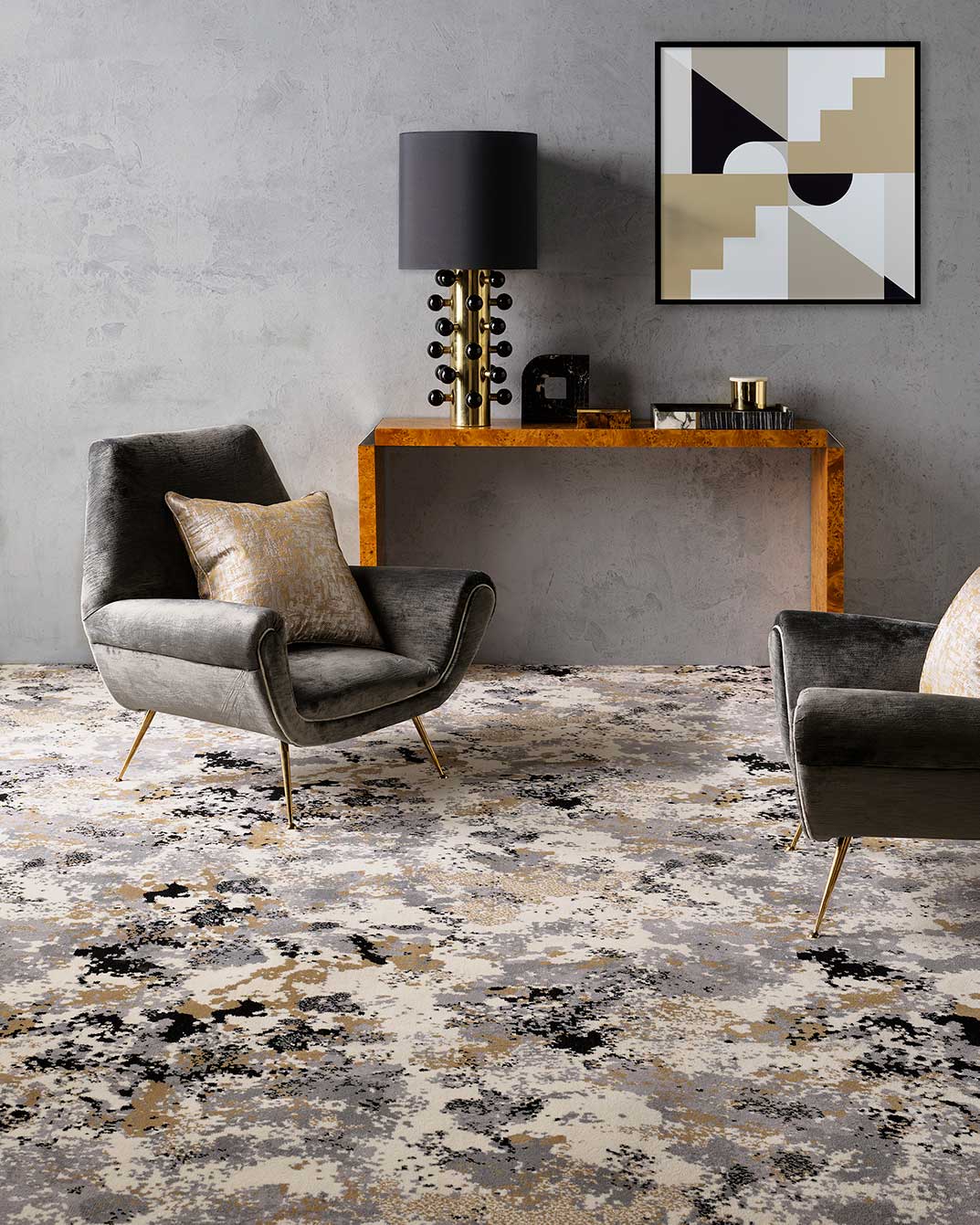 Living room view of Fizz grey and gold patterned Axminster carpet by Greg Natale