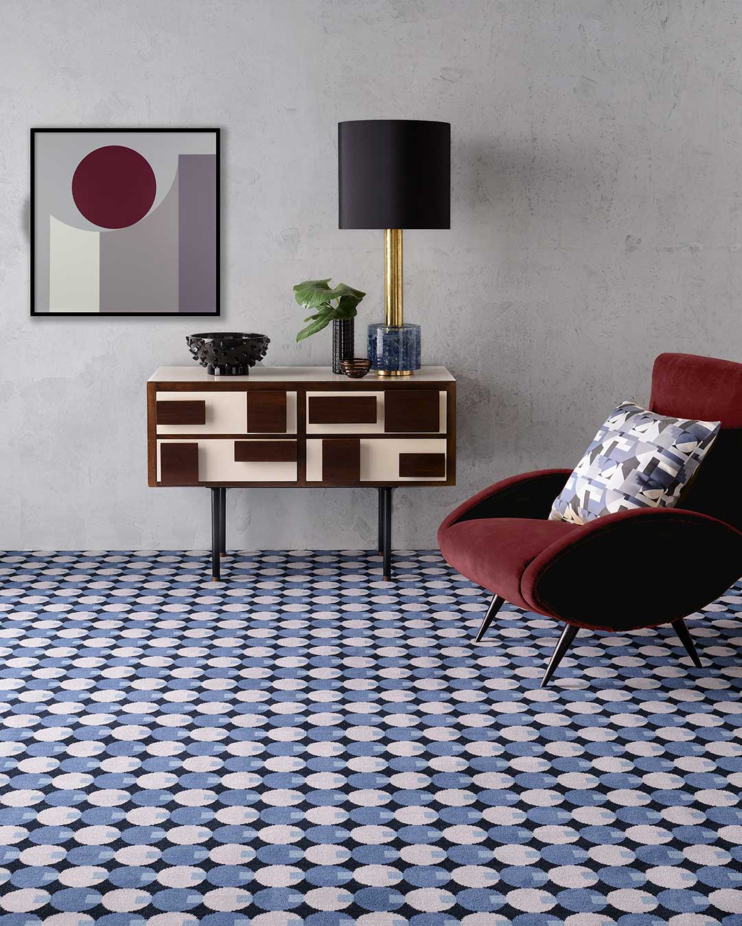 Living room view of Lapis blue geometric Axminster carpet by Greg Natale