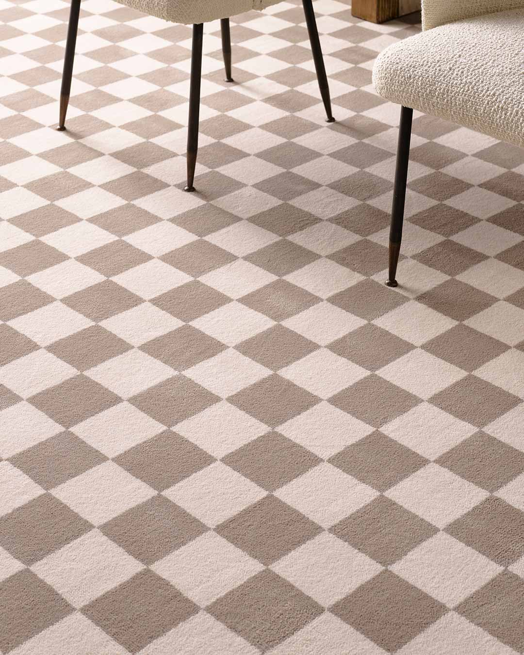Close up view of Match checked grey Axminster carpet by Greg Natale