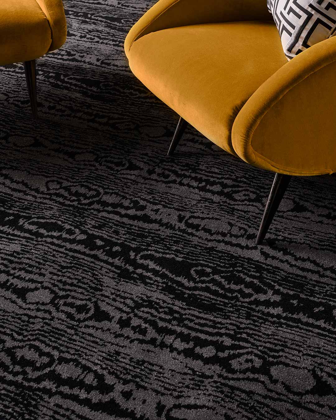 Close up view of Moire charcoal Axminster carpet by Greg Natale