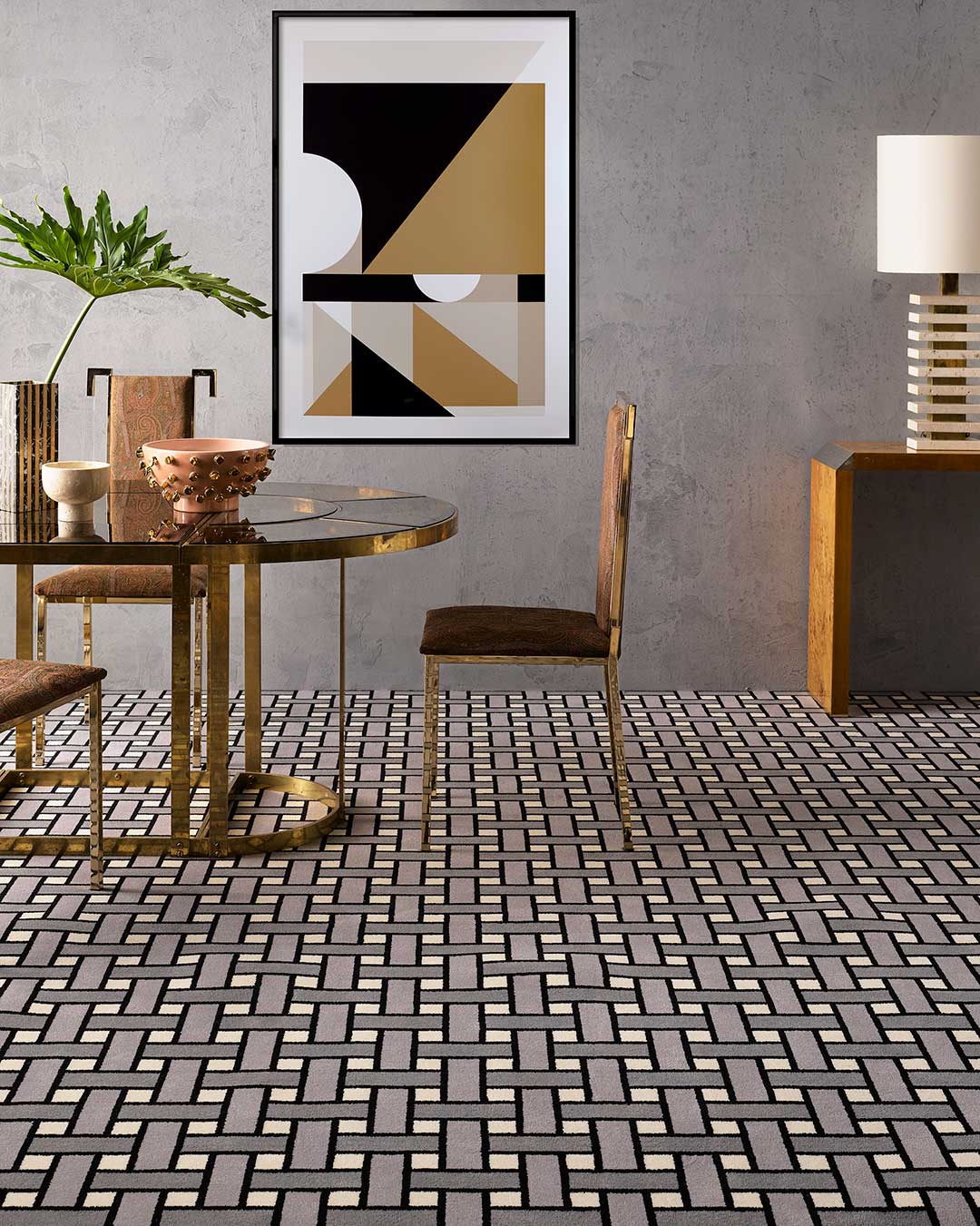 Dining room view of Weft grey geometric Axminster carpet by Greg Natale