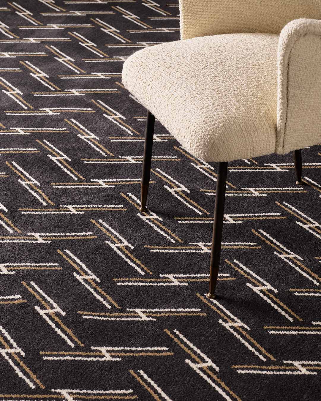 Close up view of Windsor brown geometric Axminster carpet by Greg Natale