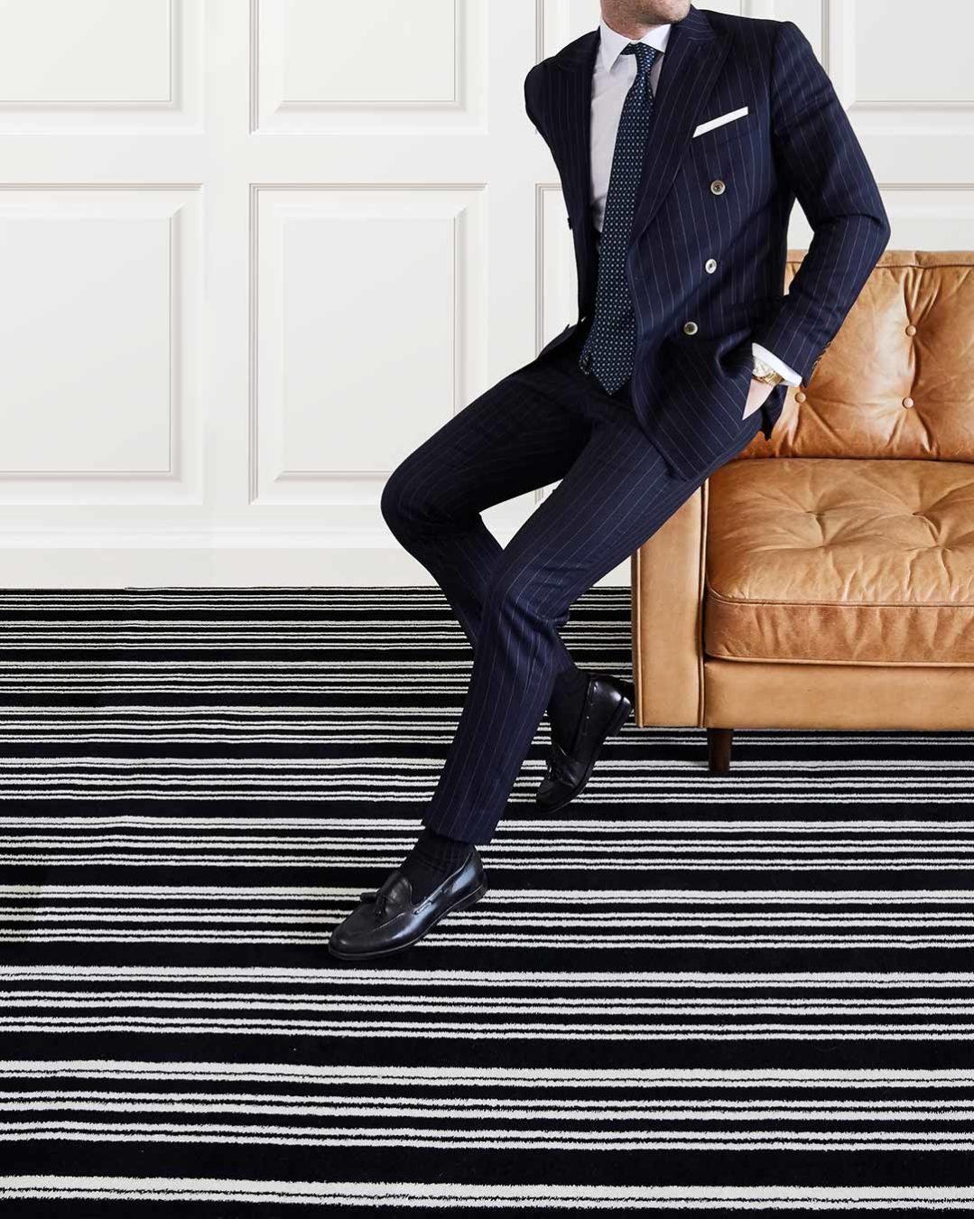 Image of Leith black and white striped Axminster carpet in living room