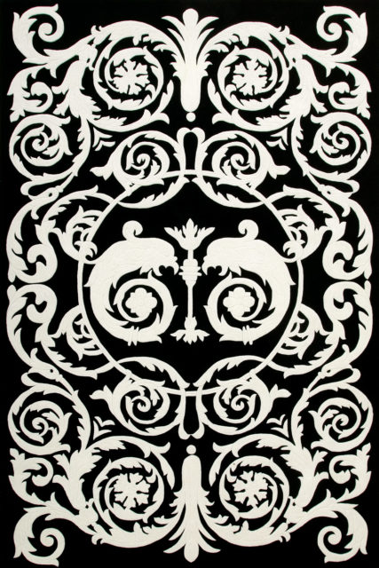 Overhead image of classic black and white Palati rug by Alex Perry