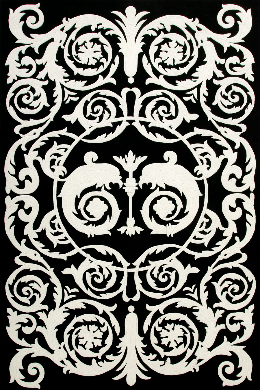 Overhead image of classic black and white Palati rug by Alex Perry