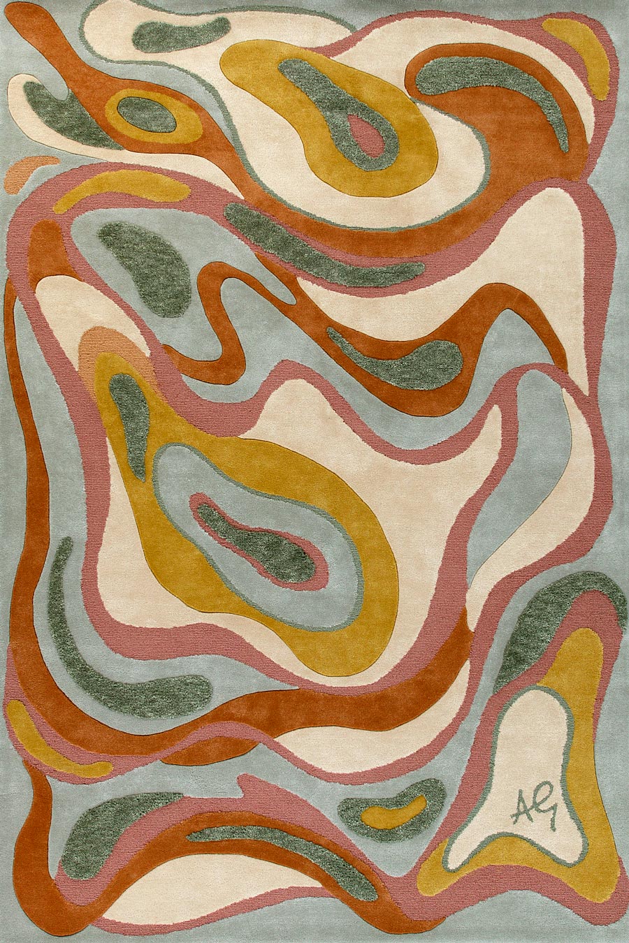 Overhead image of abstract Metamorphosis rug by Annie Georgeson