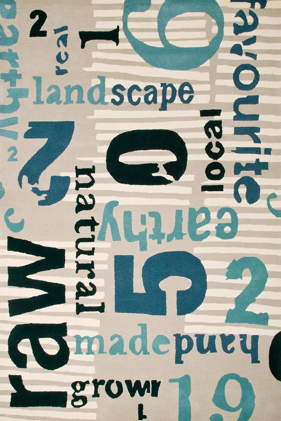 Overhead image of blue Words Worth rug by Cloth