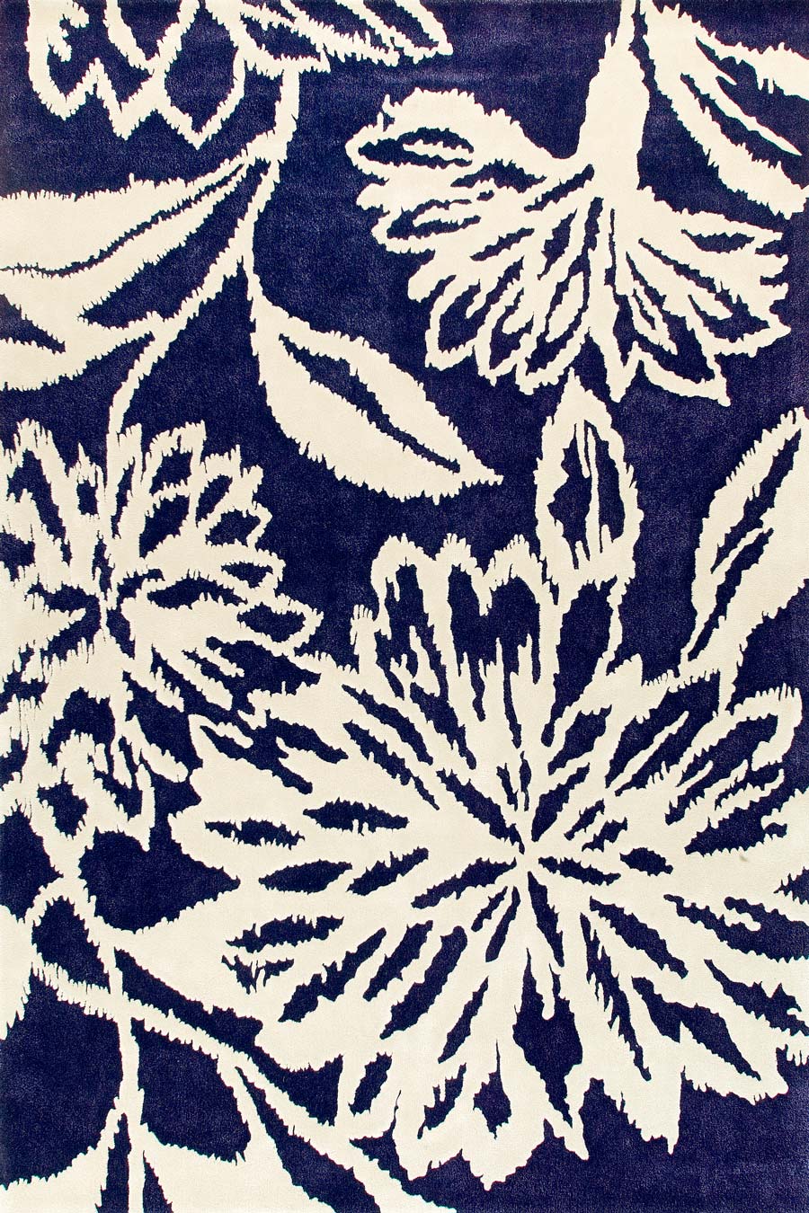 Overhead image of floral navy Ikat rug by Vixen