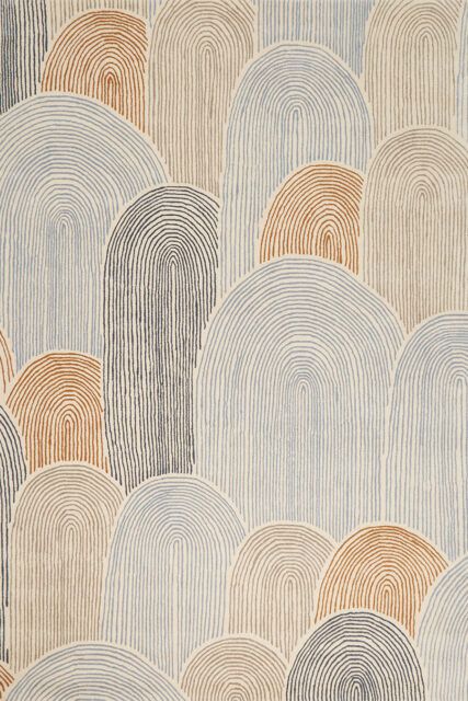 Overhead image of abstract arches Haven rug in brown and blue