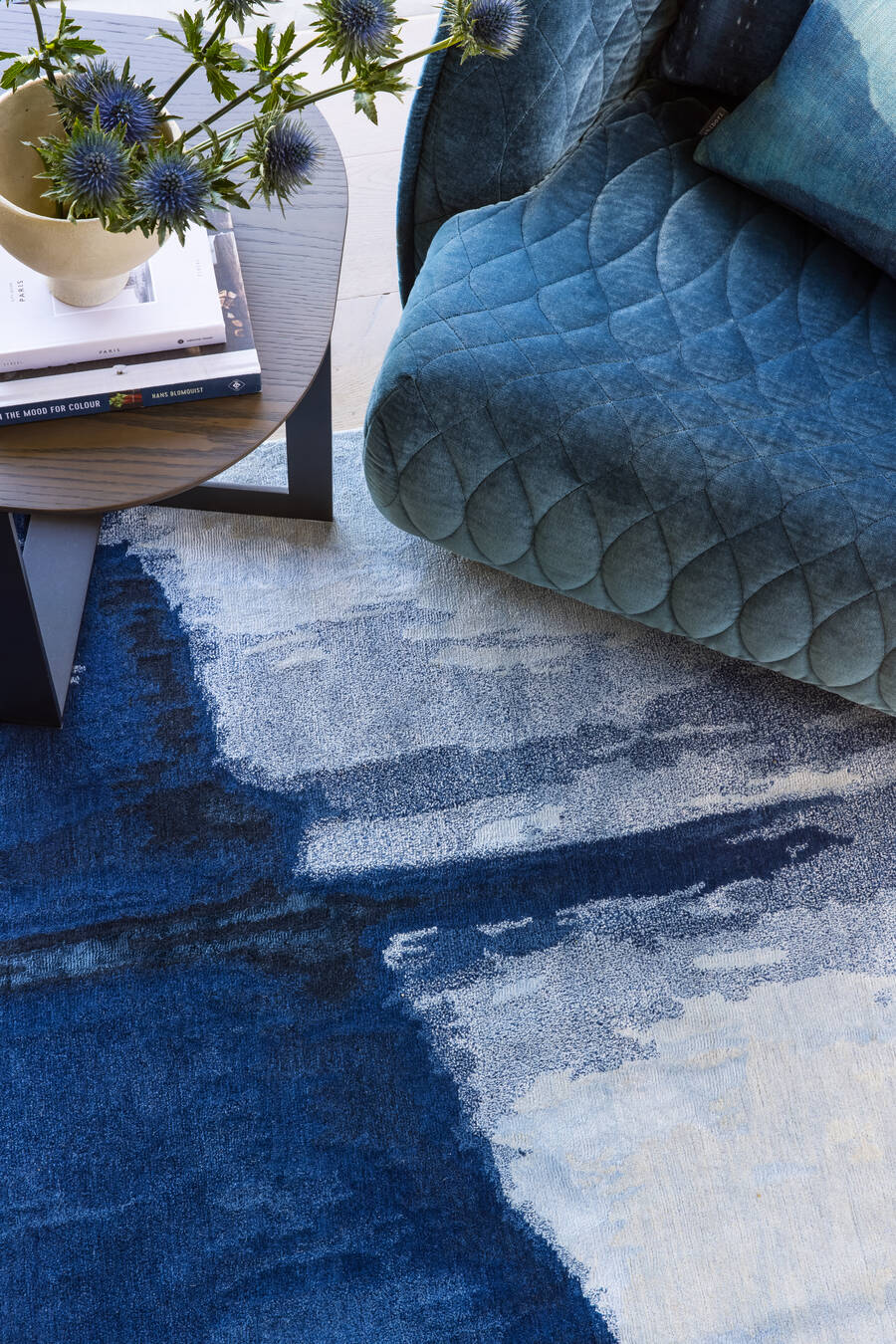 designer rugs shibori Mountains Dyed blue rug close up