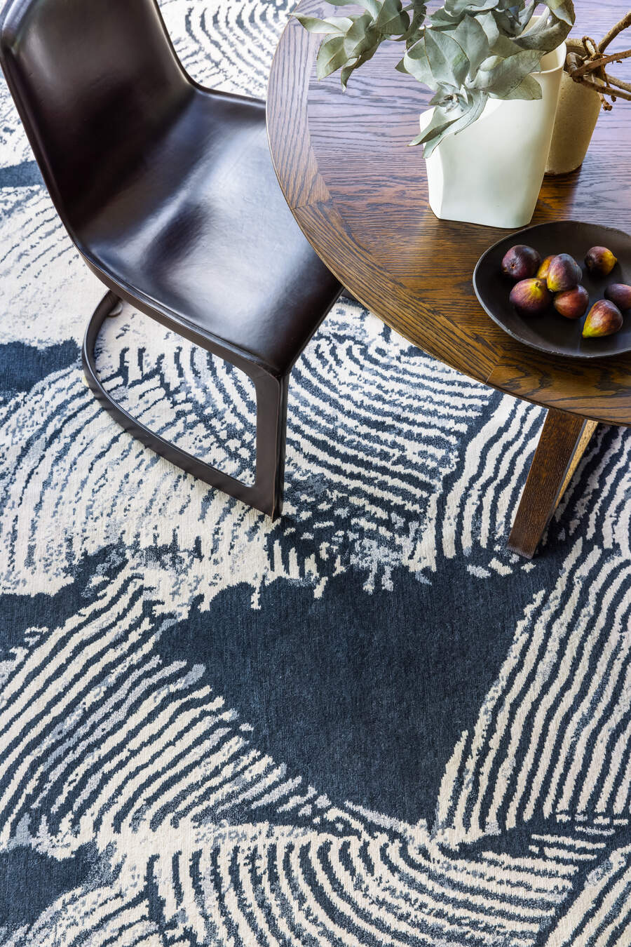 designer rugs shibori Tassel Fern charcoal Dining Close up