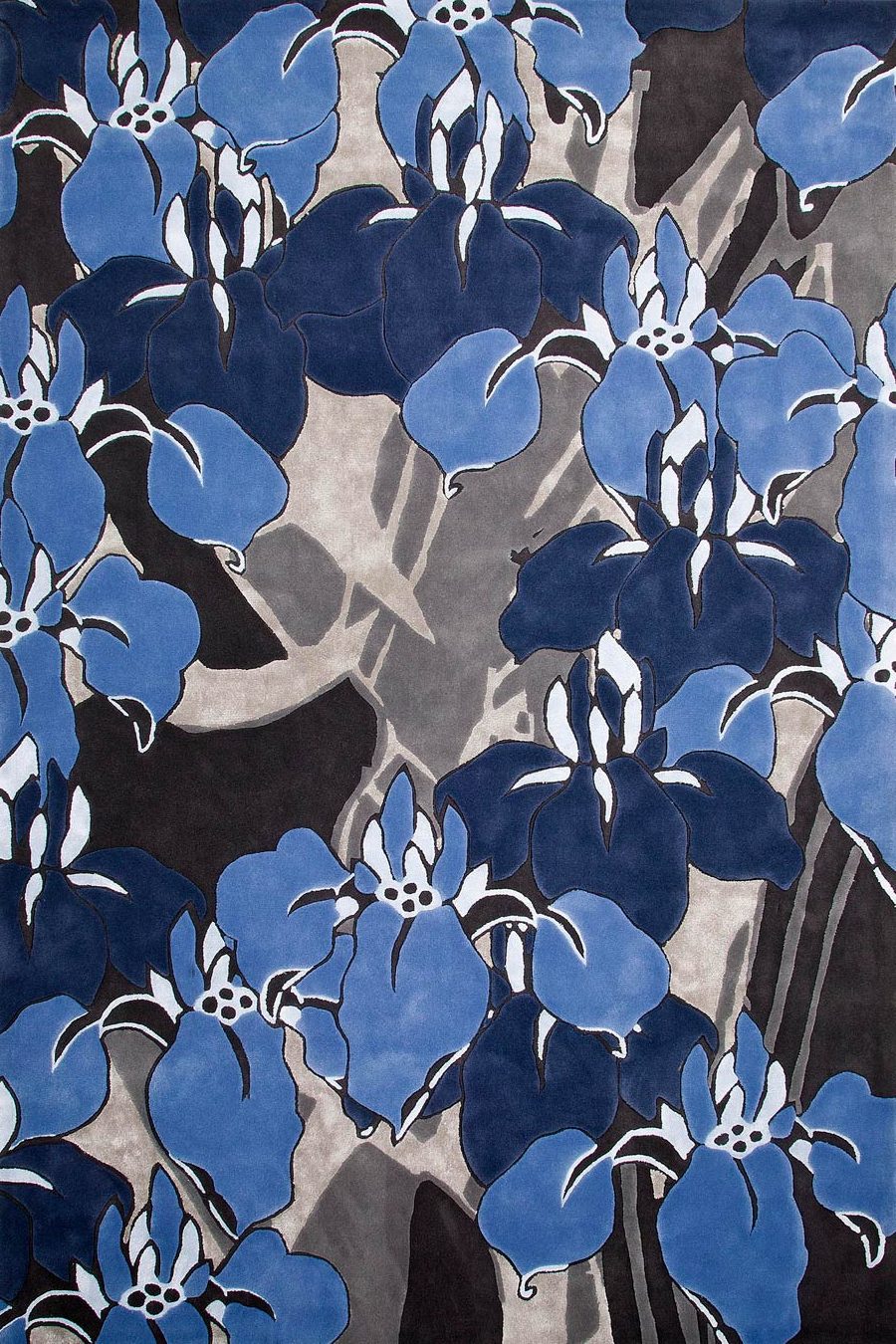 overhead of ayame rug by akira in blue floral pattern and grey background