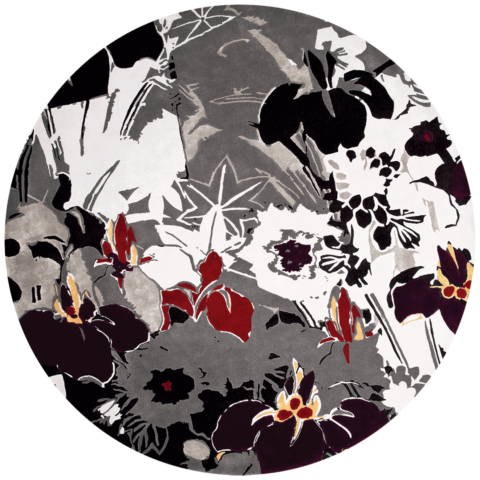 overhead of ayame round rug by akira floral pattern in grey purple and red