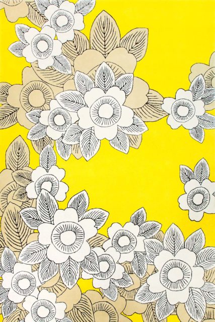 overhead of natsu rug by akira in white floral pattern with yellow background