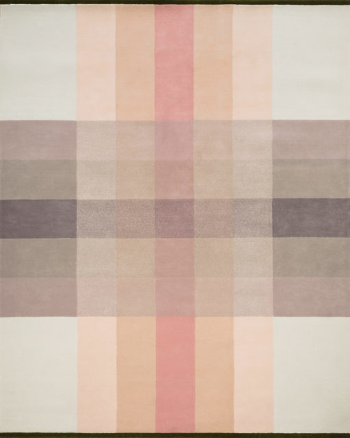 overhead of crossing rug by bernabeifreeman in large checkered pattern in pale pink beige and brown