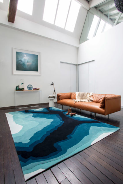 location living room shot of mineral rug by bleux in organic blue pattern