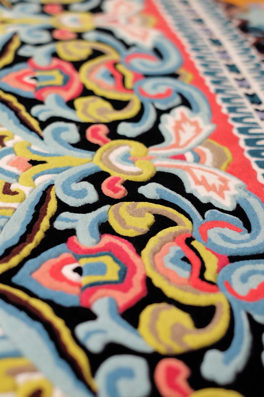 Close up of qin rug by camilla oriental dragon
