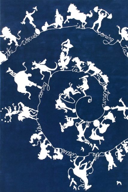 overhead of circus silhouettes rug by catherine martin white on navy background