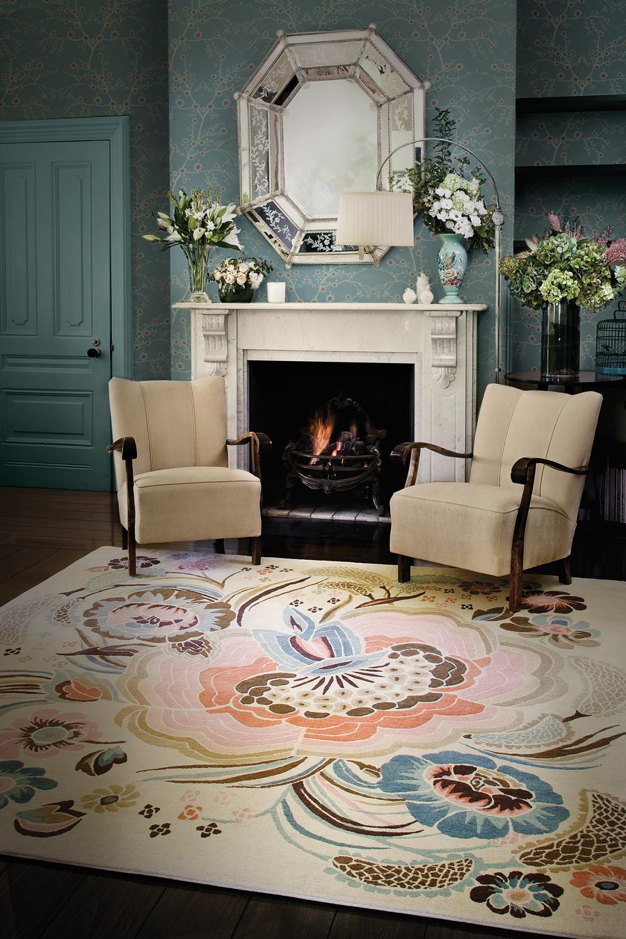 location living room shot of garden party rug by catherine martin multicoloured floral with beige background