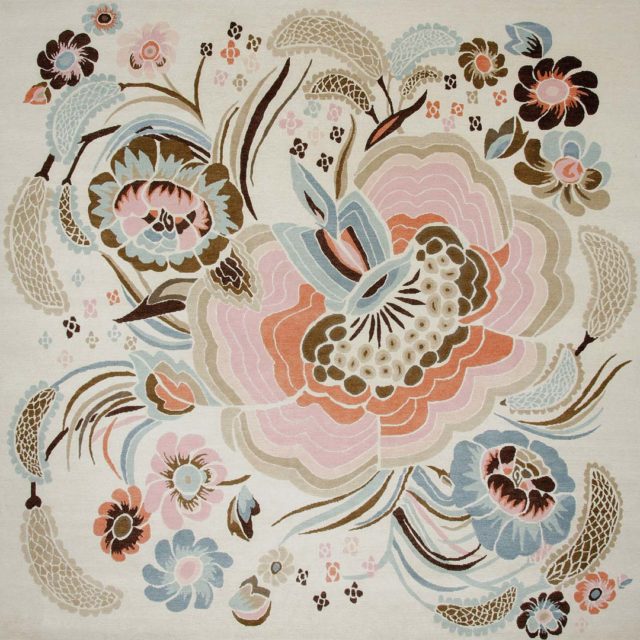 overhead of garden party rug by catherine martin multicoloured floral with beige background