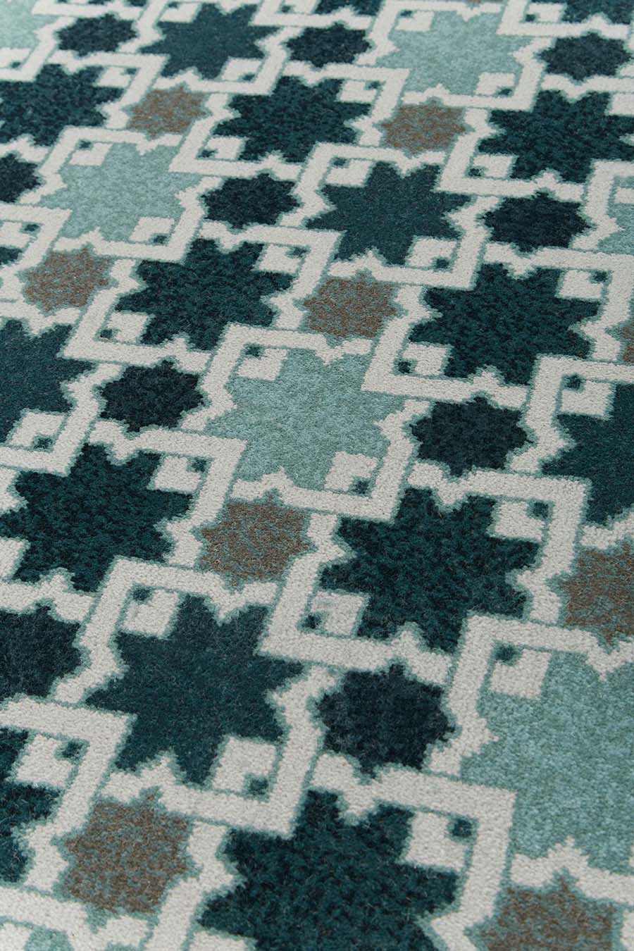 Detailed view of geometric Hammam carpet in blue colour