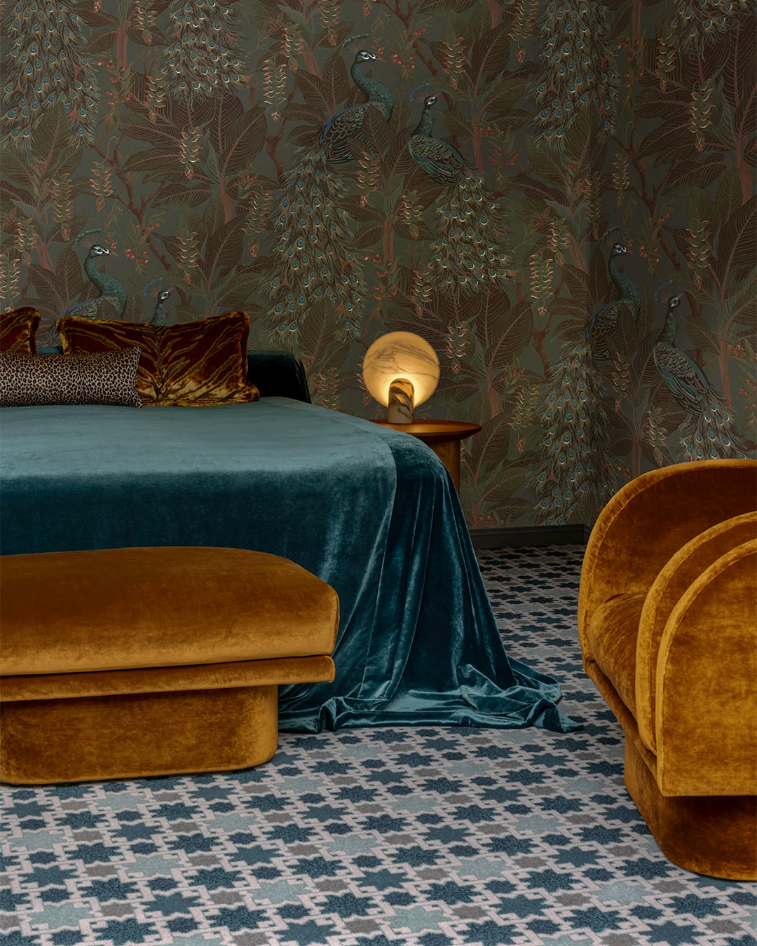 Bedroom view of geometric Hammam carpet in blue colour