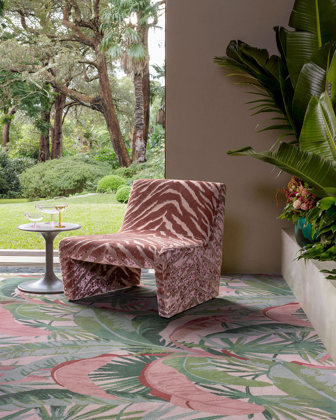Living room view of tropical La Palma carpet in pink and green colour
