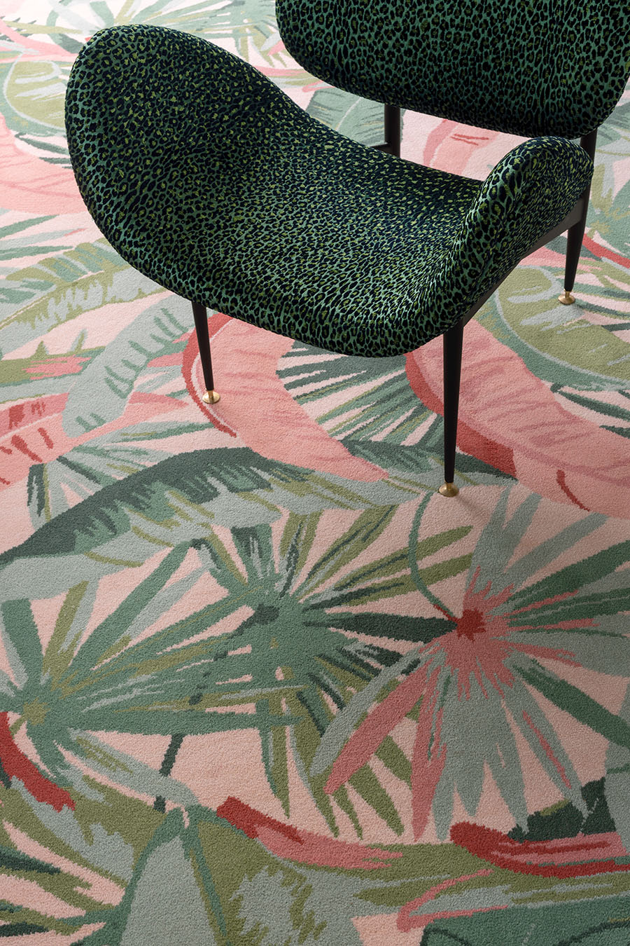 Close up view of tropical La Palma carpet in pink and green colour