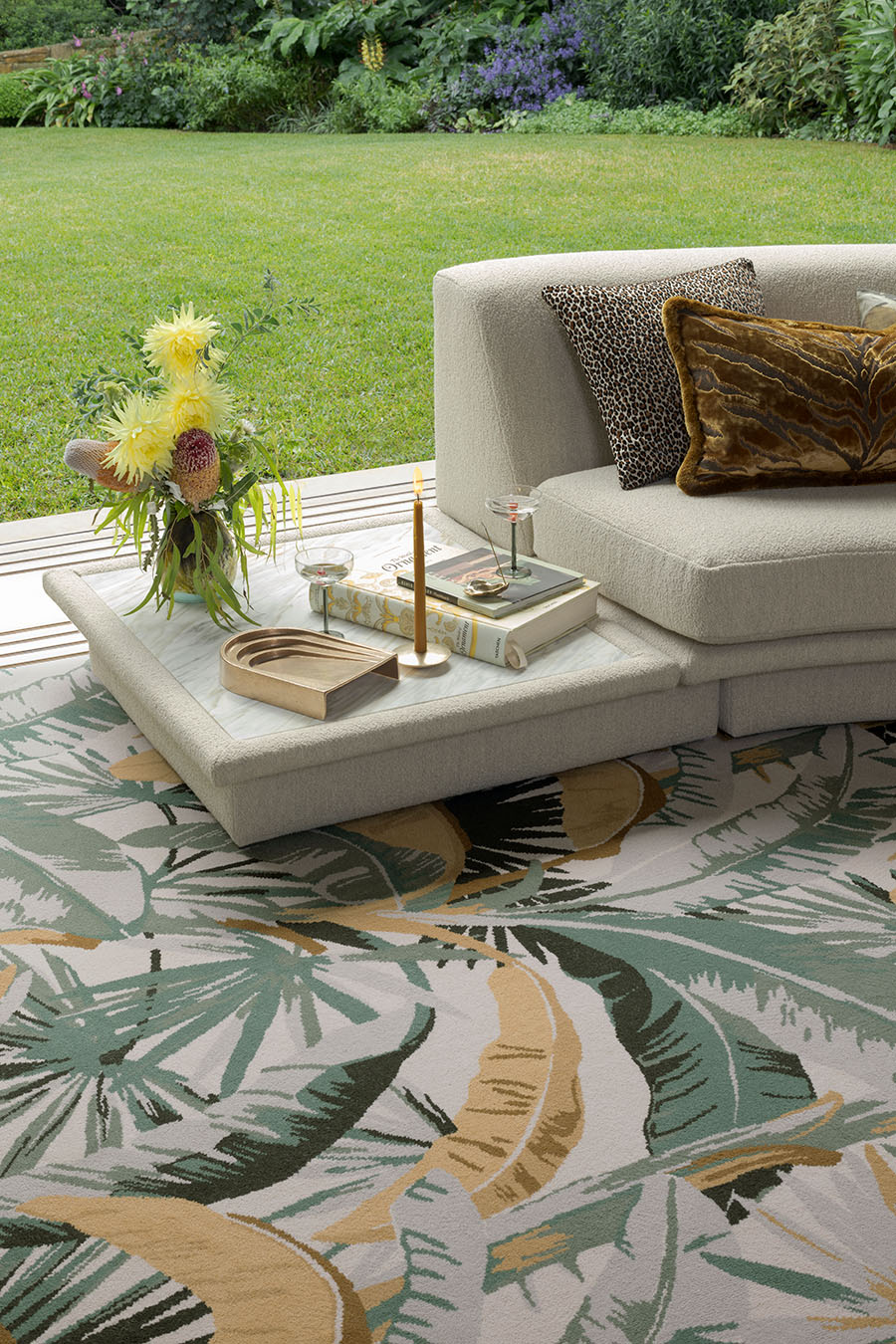 Living room view of tropical La Palma carpet in green colour