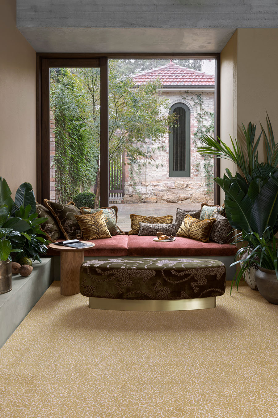 Living room view of leopard print Leopardo carpet in beige colour