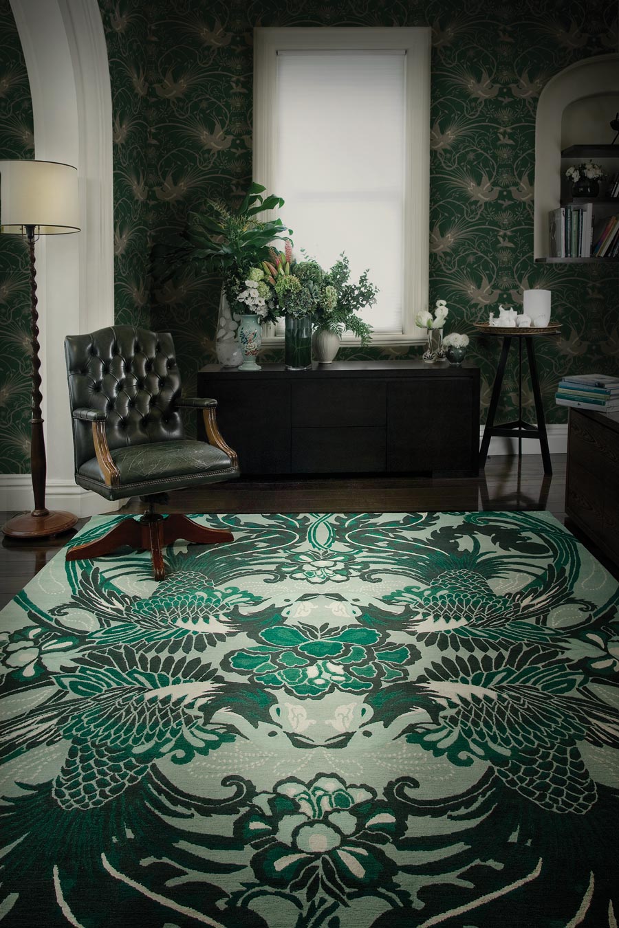 location shot of night bird rug by catherine martin green bird print