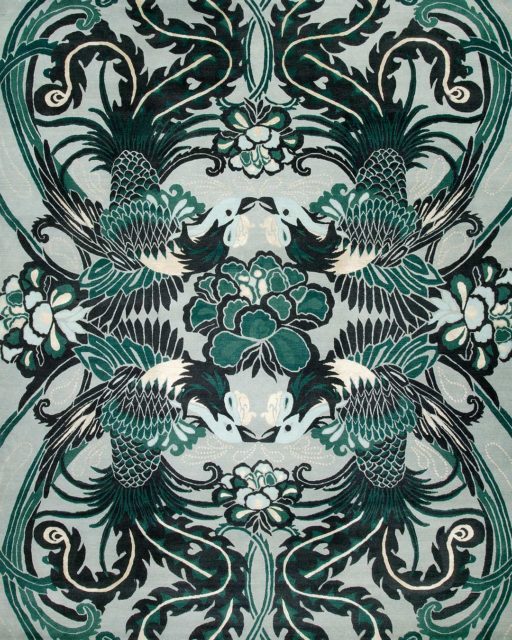 overhead of night bird rug by catherine martin green bird pattern