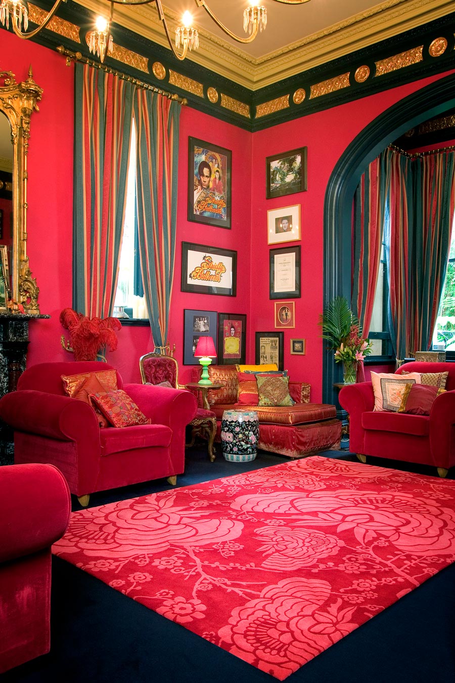 location living room shot of peony rug by catherine martin red floral pattern