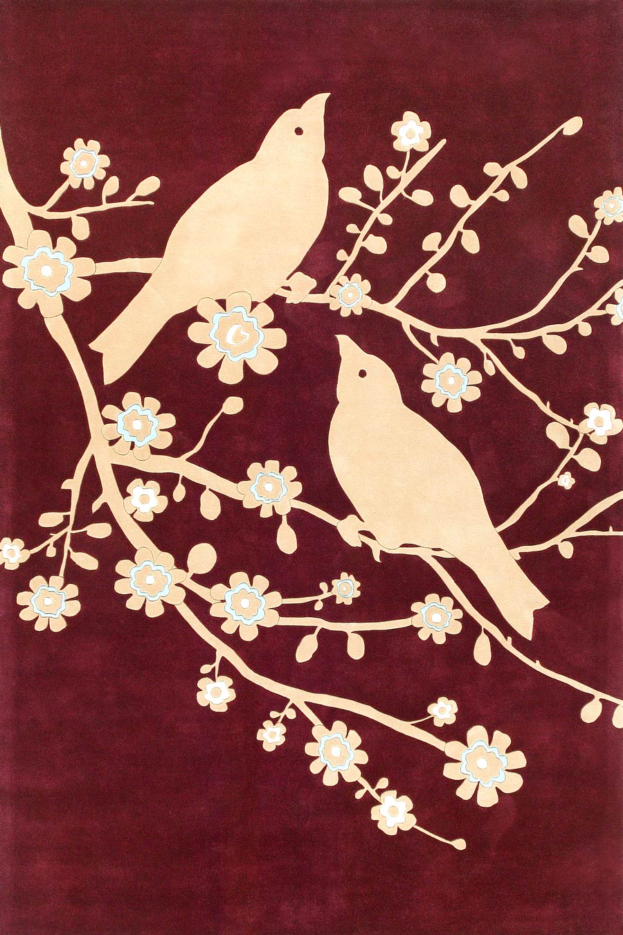 overhead of sparrow rug by catherine martin beige bird print on burgundy background