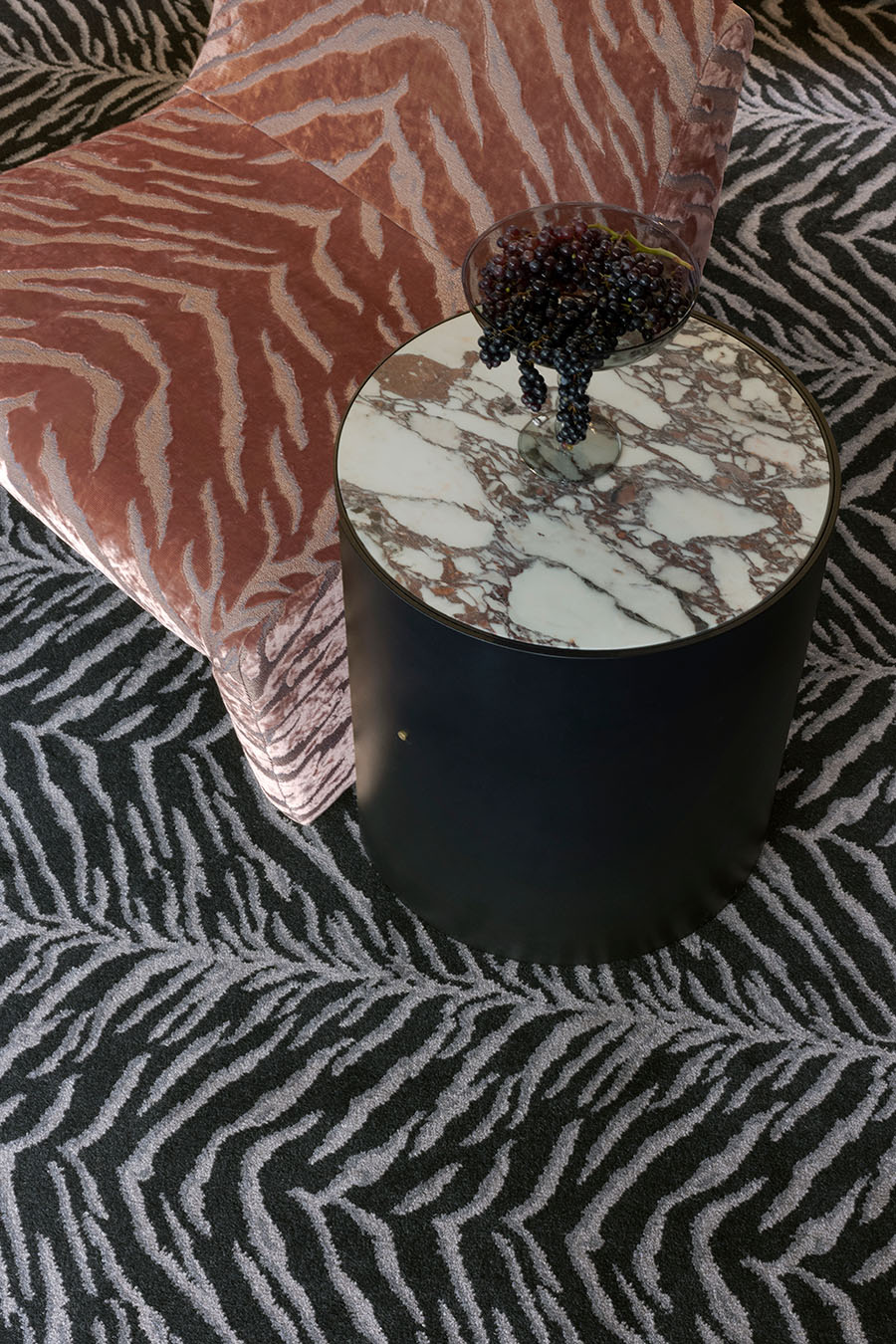 Close up image of tiger print Tigre carpet in black