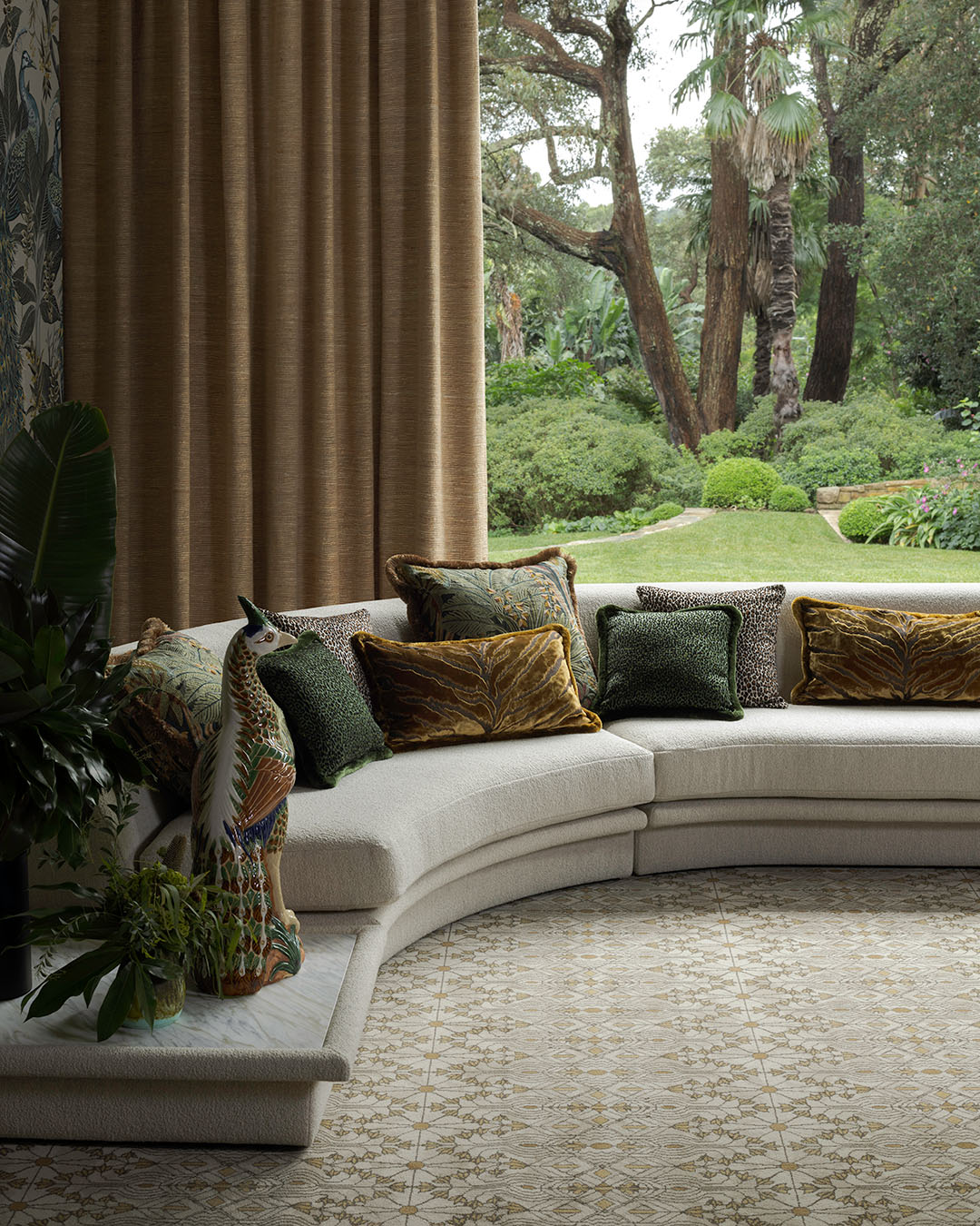 Living room view of patterned Tree Of Life carpet in beige