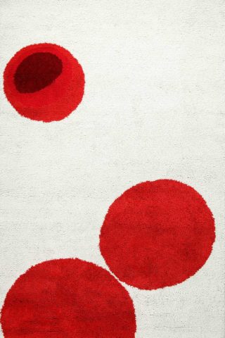 overhead of drops rug by dinosaur designs red dots on white background